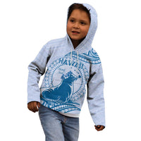 Personalised Hawaii Monk Seal Kid Hoodie Polynesian Tattoo With Tropical Flowers - Blue Pastel