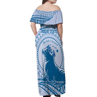Personalised Hawaii Monk Seal Off Shoulder Maxi Dress Polynesian Tattoo With Tropical Flowers - Blue Pastel