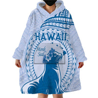 Personalised Hawaii Monk Seal Wearable Blanket Hoodie Polynesian Tattoo With Tropical Flowers - Blue Pastel