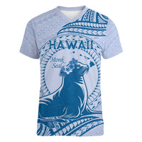 Personalised Hawaii Monk Seal Women V-Neck T-Shirt Polynesian Tattoo With Tropical Flowers - Blue Pastel