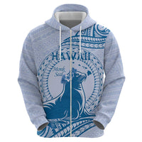 Personalised Hawaii Monk Seal Zip Hoodie Polynesian Tattoo With Tropical Flowers - Blue Pastel