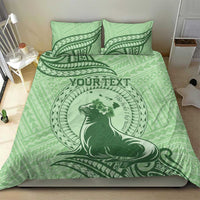 Personalised Hawaii Monk Seal Bedding Set Polynesian Tattoo With Tropical Flowers - Green Pastel