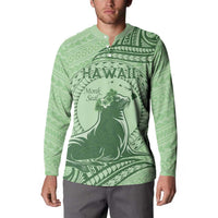 Personalised Hawaii Monk Seal Button Sweatshirt Polynesian Tattoo With Tropical Flowers - Green Pastel