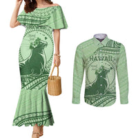 Personalised Hawaii Monk Seal Couples Matching Mermaid Dress and Long Sleeve Button Shirt Polynesian Tattoo With Tropical Flowers - Green Pastel