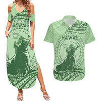 Personalised Hawaii Monk Seal Couples Matching Summer Maxi Dress and Hawaiian Shirt Polynesian Tattoo With Tropical Flowers - Green Pastel