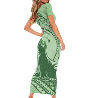 Personalised Hawaii Monk Seal Short Sleeve Bodycon Dress Polynesian Tattoo With Tropical Flowers - Green Pastel