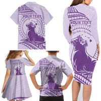 Personalised Hawaii Monk Seal Family Matching Long Sleeve Bodycon Dress and Hawaiian Shirt Polynesian Tattoo With Tropical Flowers - Purple Pastel LT14 - Polynesian Pride