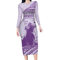 Personalised Hawaii Monk Seal Family Matching Long Sleeve Bodycon Dress and Hawaiian Shirt Polynesian Tattoo With Tropical Flowers - Purple Pastel LT14 Mom's Dress Purple - Polynesian Pride