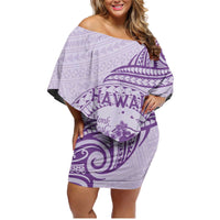 Personalised Hawaii Monk Seal Family Matching Off Shoulder Short Dress and Hawaiian Shirt Polynesian Tattoo With Tropical Flowers - Purple Pastel
