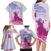 Personalised Hawaii Monk Seal Family Matching Long Sleeve Bodycon Dress and Hawaiian Shirt Polynesian Tattoo With Tropical Flowers - Purple Gradient LT14 - Polynesian Pride