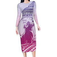 Personalised Hawaii Monk Seal Family Matching Long Sleeve Bodycon Dress and Hawaiian Shirt Polynesian Tattoo With Tropical Flowers - Purple Gradient LT14 Mom's Dress Purple - Polynesian Pride