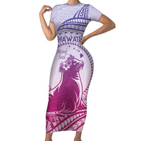 Personalised Hawaii Monk Seal Family Matching Short Sleeve Bodycon Dress and Hawaiian Shirt Polynesian Tattoo With Tropical Flowers - Purple Gradient LT14 Mom's Dress Purple - Polynesian Pride