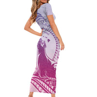 Personalised Hawaii Monk Seal Family Matching Short Sleeve Bodycon Dress and Hawaiian Shirt Polynesian Tattoo With Tropical Flowers - Purple Gradient LT14 - Polynesian Pride
