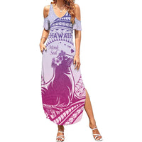 Personalised Hawaii Monk Seal Family Matching Summer Maxi Dress and Hawaiian Shirt Polynesian Tattoo With Tropical Flowers - Purple Gradient LT14 Mom's Dress Purple - Polynesian Pride