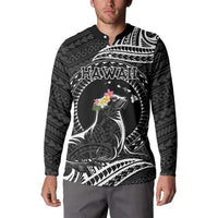 Personalised Hawaii Monk Seal Button Sweatshirt Polynesian Tattoo With Tropical Flowers - Black