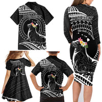 Personalised Hawaii Monk Seal Family Matching Long Sleeve Bodycon Dress and Hawaiian Shirt Polynesian Tattoo With Tropical Flowers - Black LT14 - Polynesian Pride