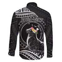 Personalised Hawaii Monk Seal Family Matching Off The Shoulder Long Sleeve Dress and Hawaiian Shirt Polynesian Tattoo With Tropical Flowers - Black LT14 - Polynesian Pride