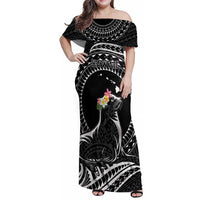 Personalised Hawaii Monk Seal Family Matching Off Shoulder Maxi Dress and Hawaiian Shirt Polynesian Tattoo With Tropical Flowers - Black