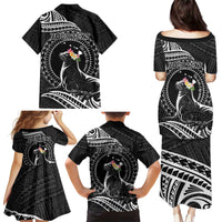 Personalised Hawaii Monk Seal Family Matching Puletasi and Hawaiian Shirt Polynesian Tattoo With Tropical Flowers - Black