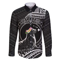 Personalised Hawaii Monk Seal Family Matching Short Sleeve Bodycon Dress and Hawaiian Shirt Polynesian Tattoo With Tropical Flowers - Black LT14 Dad's Shirt - Long Sleeve Black - Polynesian Pride