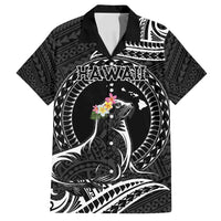 Personalised Hawaii Monk Seal Family Matching Summer Maxi Dress and Hawaiian Shirt Polynesian Tattoo With Tropical Flowers - Black LT14 Dad's Shirt - Short Sleeve Black - Polynesian Pride
