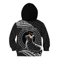 Personalised Hawaii Monk Seal Kid Hoodie Polynesian Tattoo With Tropical Flowers - Black