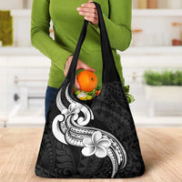 Polynesia Grocery Bag Plumeria With Tribal Pattern Black