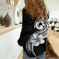Polynesia Women Casual Shirt Plumeria With Tribal Pattern Black Vibes LT14 - Polynesian Pride