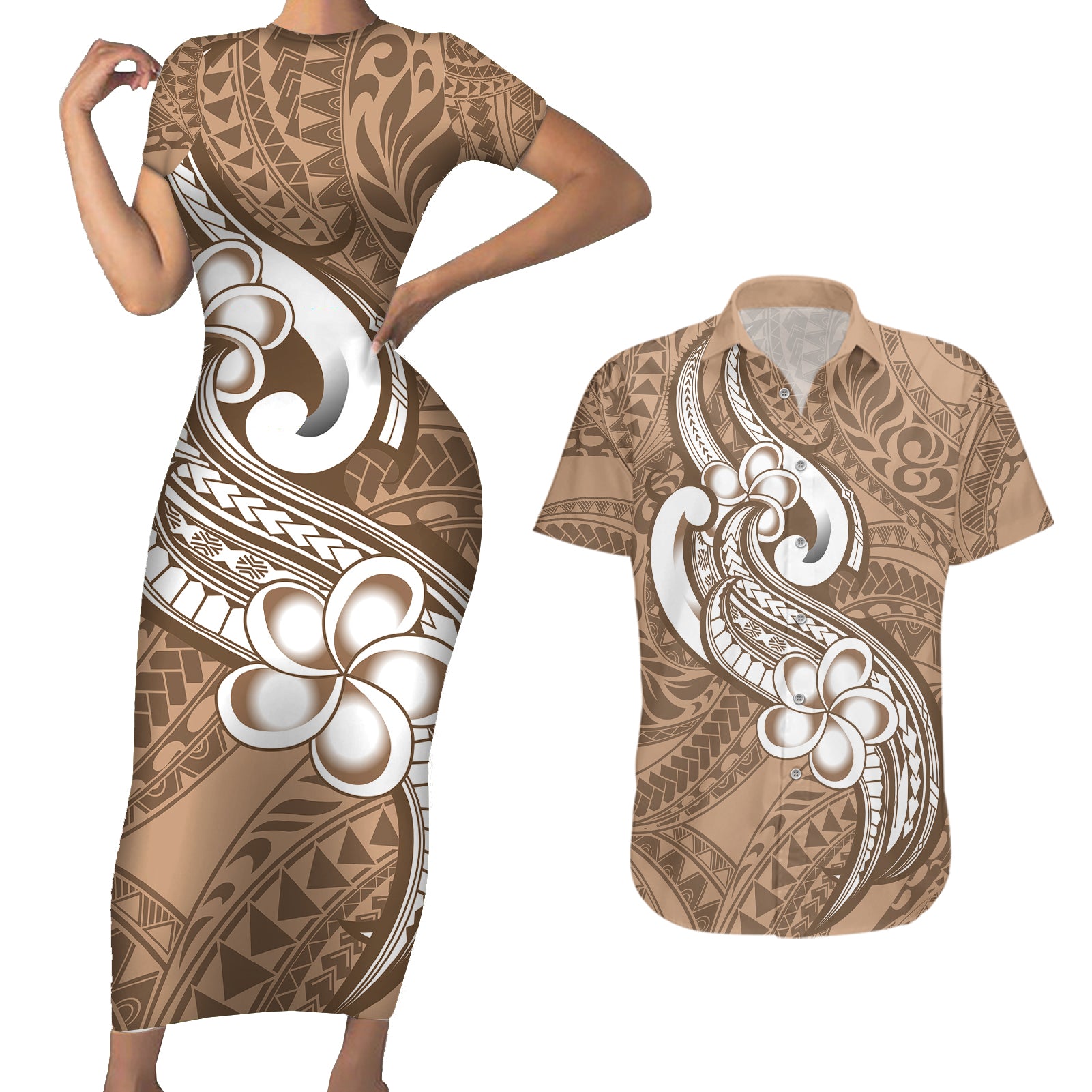 Polynesia Couples Matching Short Sleeve Bodycon Dress and Hawaiian Shirt Plumeria With Tribal Pattern Brown Pastel Vibes LT14 Brown - Polynesian Pride