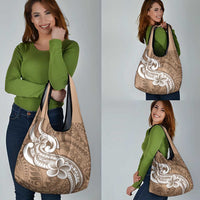 Polynesia Grocery Bag Plumeria With Tribal Pattern Brown Pastel