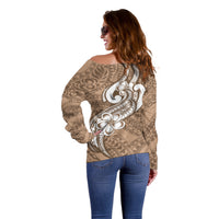 Polynesia Off Shoulder Sweater Plumeria With Tribal Pattern Brown Pastel Vibes LT14 - Polynesian Pride