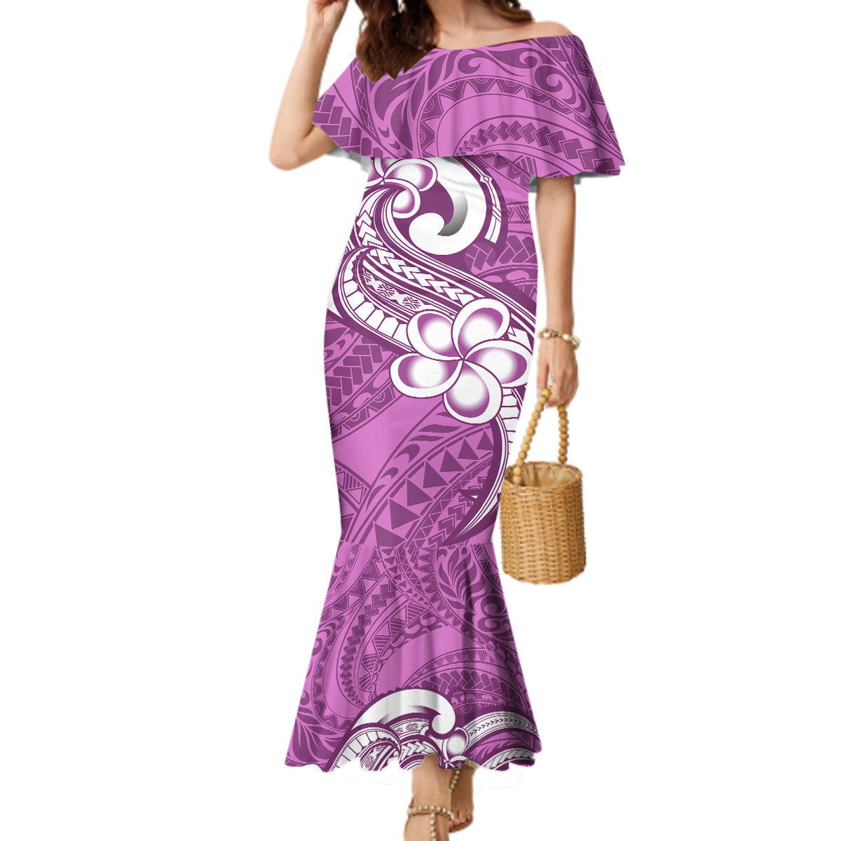 Polynesia Mermaid Dress Plumeria With Tribal Pattern Pink Pastel Vibes LT14 Women Pink - Polynesian Pride