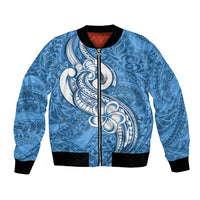 Polynesia Bomber Jacket Plumeria With Tribal Pattern Blue Pastel Vibes LT14 Unisex Blue - Polynesian Pride