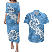 Polynesia Couples Matching Puletasi Dress and Hawaiian Shirt Plumeria With Tribal Pattern Blue Pastel Vibes LT14 Blue - Polynesian Pride