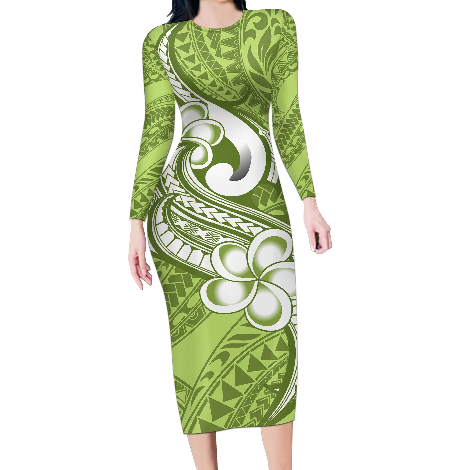 Polynesia Long Sleeve Bodycon Dress Plumeria With Tribal Pattern Green Pastel Vibes LT14 Long Dress Green - Polynesian Pride