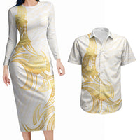 Polynesia White Sunday Couples Matching Long Sleeve Bodycon Dress and Hawaiian Shirt Polynesian Tattoo Plumeria Hibiscus Gold