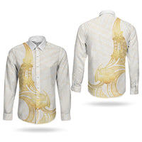 Polynesia White Sunday Couples Matching Long Sleeve Bodycon Dress and Long Sleeve Button Shirt Polynesian Tattoo Plumeria Hibiscus Gold