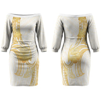 Polynesia White Sunday Couples Matching Off The Shoulder Long Sleeve Dress and Hawaiian Shirt Polynesian Tattoo Plumeria Hibiscus Gold