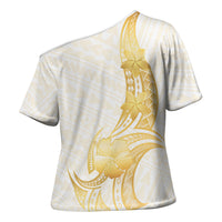 Polynesia White Sunday Cross Shoulder Shirt Polynesian Tattoo Plumeria Hibiscus Gold