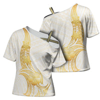 Polynesia White Sunday Cross Shoulder Shirt Polynesian Tattoo Plumeria Hibiscus Gold