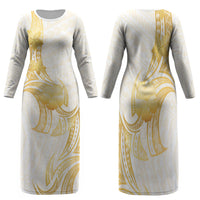 Polynesia White Sunday Family Matching Long Sleeve Bodycon Dress and Hawaiian Shirt Polynesian Tattoo Plumeria Hibiscus Gold