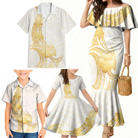 Polynesia White Sunday Family Matching Mermaid Dress and Hawaiian Shirt Polynesian Tattoo Plumeria Hibiscus Gold