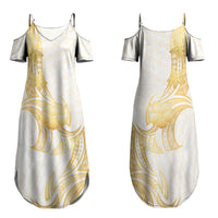 Polynesia White Sunday Family Matching Summer Maxi Dress and Hawaiian Shirt Polynesian Tattoo Plumeria Hibiscus Gold