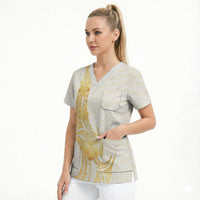 Polynesia White Sunday Scrub Top Polynesian Tattoo Plumeria Hibiscus Gold