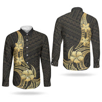 Gold Black Polynesia Hibiscus Plumeria Tattoo Couples Matching Long Sleeve Bodycon Dress and Long Sleeve Button Shirt