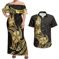 Gold Black Polynesia Hibiscus Plumeria Tattoo Couples Matching Off Shoulder Maxi Dress and Hawaiian Shirt