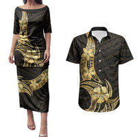 Gold Black Polynesia Hibiscus Plumeria Tattoo Couples Matching Puletasi and Hawaiian Shirt