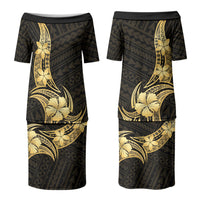 Gold Black Polynesia Hibiscus Plumeria Tattoo Couples Matching Puletasi and Hawaiian Shirt