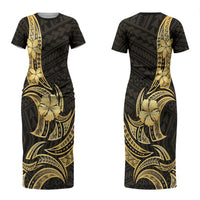 Gold Black Polynesia Hibiscus Plumeria Tattoo Couples Matching Short Sleeve Bodycon Dress and Long Sleeve Button Shirt