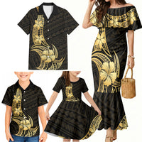 Gold Black Polynesia Hibiscus Plumeria Tattoo Family Matching Mermaid Dress and Hawaiian Shirt